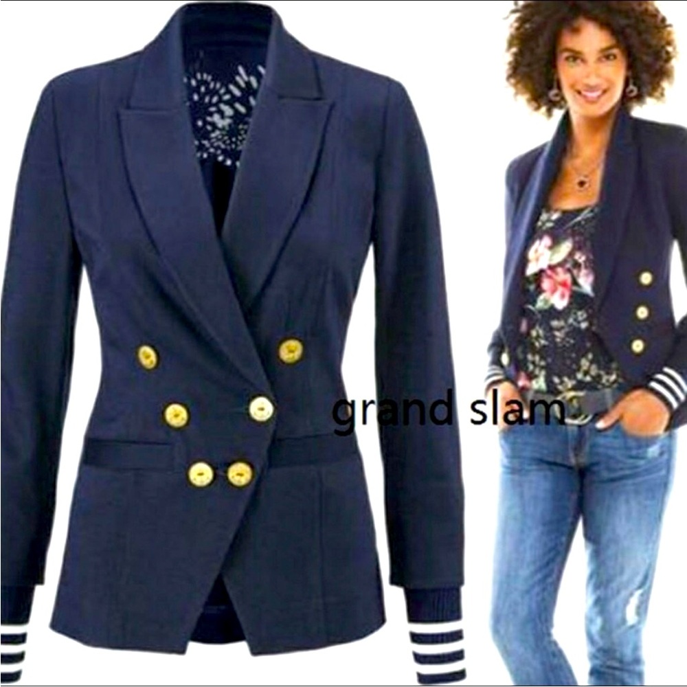 Cabi GrandSlam navy blazer/ gold buttons/ removable striped cuffs/ size 8/ #5150